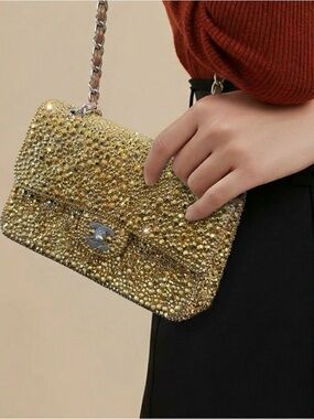 CHANEL Gold Crystal-Embellished Mini Chain Bag